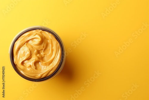 Peanut butter bowl on yellow top view