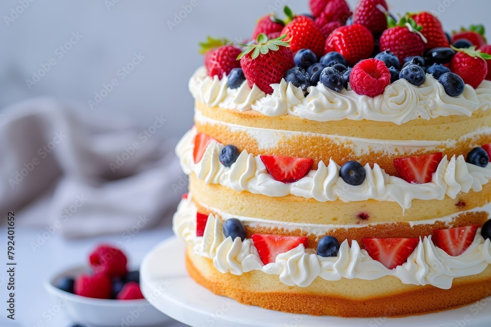 Photo of Berry Chantilly cake with three layers of vanilla cake whipped cream and mixed berries