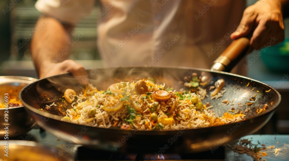 Chef preparing fragrant basmati rice pulao, infused with spices and garnished with caramelized onions and nuts.