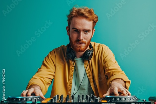 Photo of a happy ginger guy with long sleeve dj set in nightclub on teal background photo
