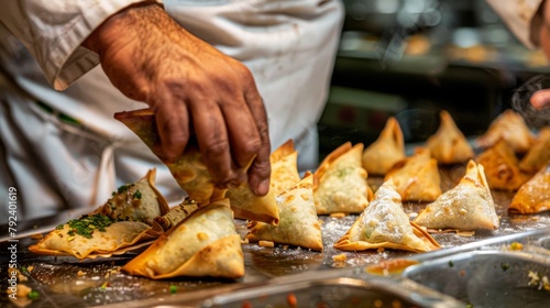 Chef handcrafting delectable samosas, their golden crusts glistening with savory filling peeking through.