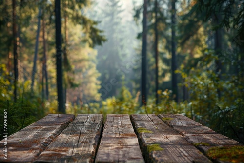 Beautiful blurred boreal forest background view with empty rustic wooden table for mockup product display. Picnic table with customizable space on table-top for editing. Flawless - generative ai