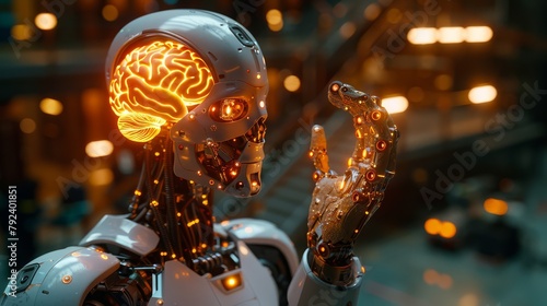 The intersection of intelligence and artificial technology: A glowing image of a robot hand touching a human brain. #792401851