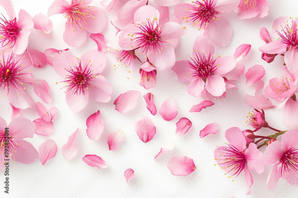 Pink cherry blossoms and petals on a white background representing springtime With a creative layout it s a floral design element symbolizing the concept of sprin