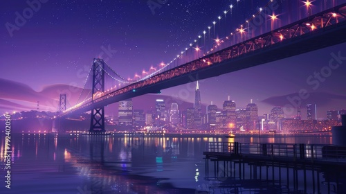 City skyline punctuated by the elegant silhouette of a bridge illuminated by a spectacular array of lights.