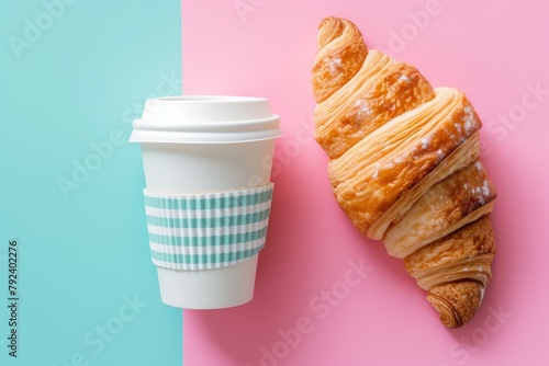 Pink table with coffee cup croissant space for text