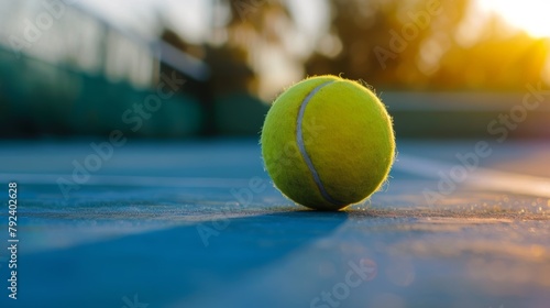 A tennis ball lying on the tennis court. Close-up shooting. Copy space © Daniil