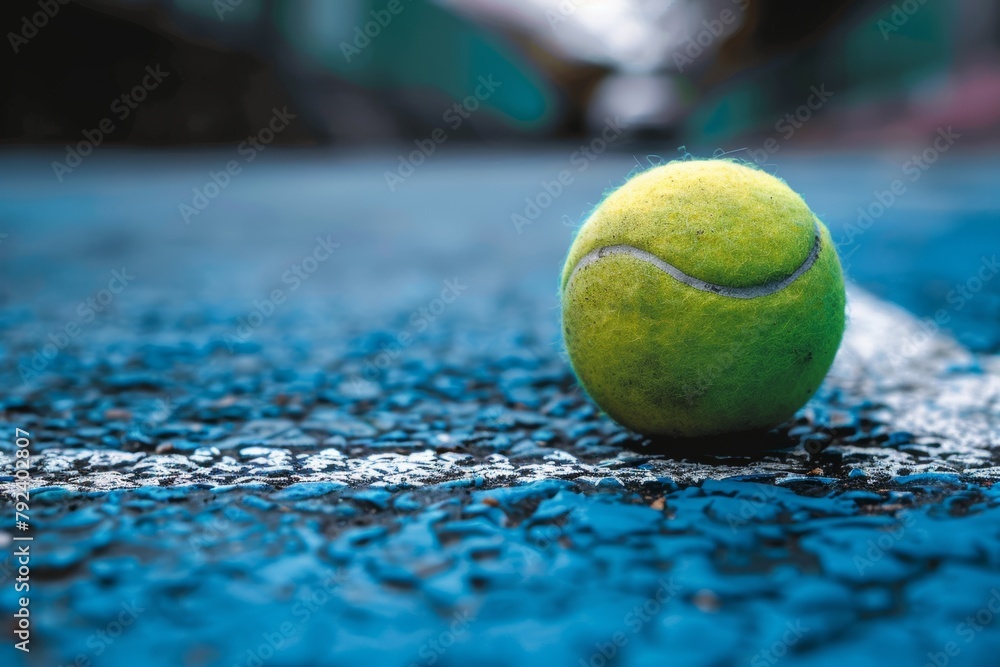 A tennis ball lying on the tennis court. Close-up shooting. Copy space