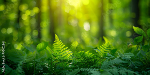 A lush green forest with a bright sun shining through the trees photo