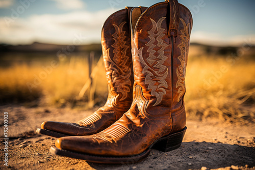 Two brown cowboy boots with gold accents on the toe and heel