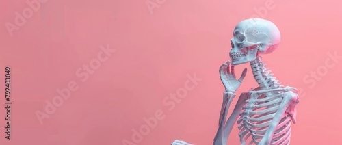 Skeleton sitting on pink surface photo