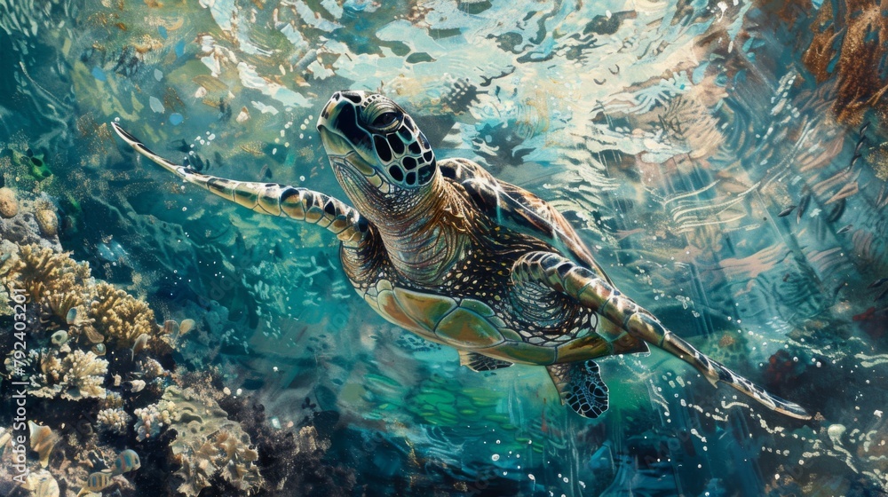 Fototapeta premium Close-up of a sea turtle gracefully gliding through crystal-clear waters among coral formations