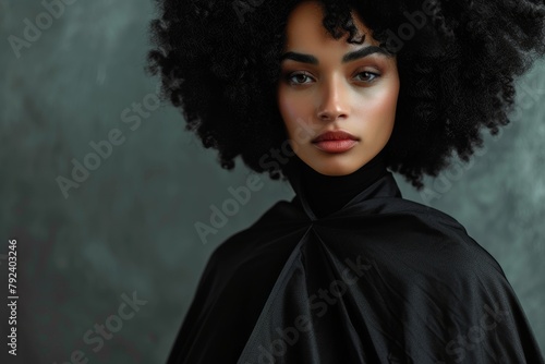 Portrait of stunning woman with afro curls and black cape