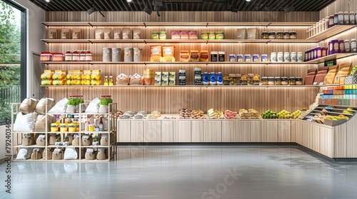 Front view, unmanned retail store, shelves filled with a variety of food,, snacks, drinks, bags categorized and placed, modern minimalist decoration style. Generative AI. photo