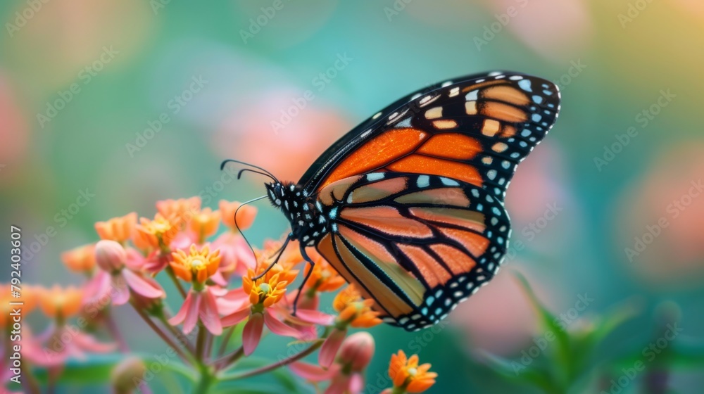 Close-up of a stunning monarch butterfly perched gracefully on a blooming flower, its intricate patterns on full display. Close-up of a stunning monarch butterfly perched gracefully on a blooming flower, its intricate patterns on full display.