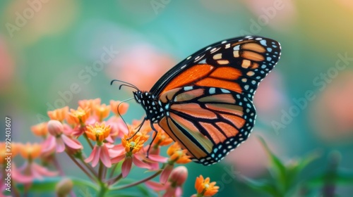 Close-up of a stunning monarch butterfly perched gracefully on a blooming flower  its intricate patterns on full display.