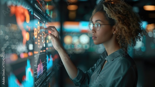 Digital marketing woman strategist in modern agency. The strategist is engaged with an interactive wall display showing consumer trends and digital campaign metrics. Generative AI.