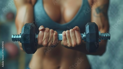 Closeup of womans hands holding a dumbbell in a gym setting. Concept Fitness, Gym, Woman, Hands, Dumbbell photo