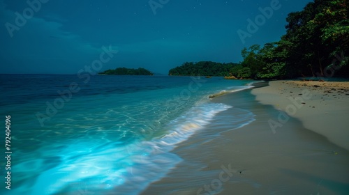 The contrast of the deep blue sea against the neon green bioluminescence is nothing short of enchanting on this secluded beach. 2d flat cartoon.