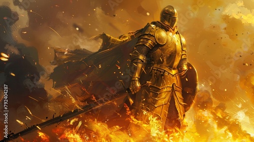 Majestic golden knight with a backdrop of a fiery battlefield, symbolizing epic tales of valor and heroism photo