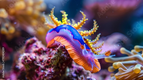 Close-up of a vibrant sea slug crawling on a coral reef, showcasing its vivid colors