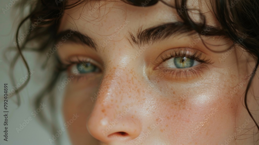 Close-up of a woman's face with natural, minimal makeup, emphasizing her naturally healthy skin - obrazy, fototapety, plakaty 