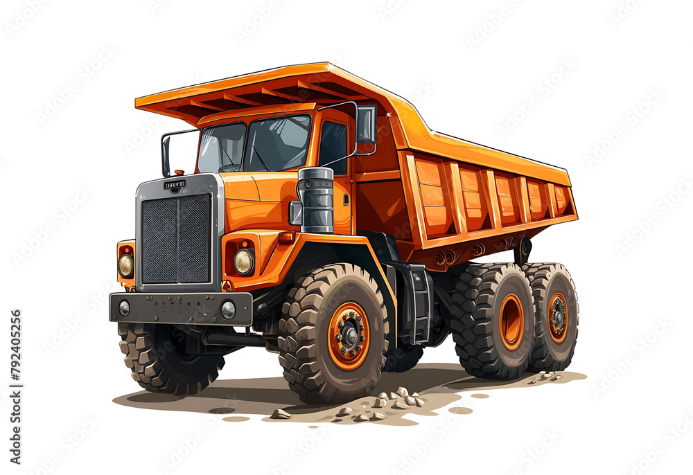 Loaded orange dump truck in cartoon style, vector clipart isolated on white. Generative AI