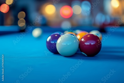 Selective focus on blue billiard balls in a pool table photo