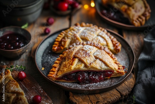 Selective focus on dark rustic photo of jam filled hand pies