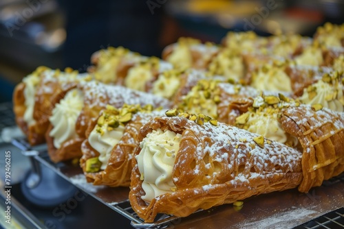 Sicilian dessert homemade cannoli stuffed with ricotta cream and pistachios found at an Italian market