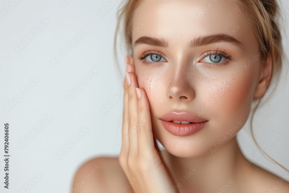 Skin care and rejuvenation Young woman with blond hair touching her smooth face looking seductive at the camera applying cleanser or facial moisturizer against a