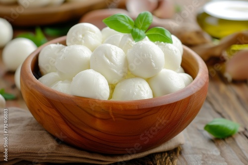 Small mozzarella balls in a wooden bowl made from milk using the pasta filata method Also known as bambini bocconcini used for pizza pasta or Caprese salad photo