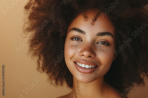 Smiling beautiful African American woman with clean healthy skin and curly black hair
