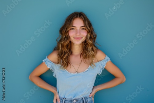 Smiling Caucasian woman posing with hands on hips isolated on blue background photo