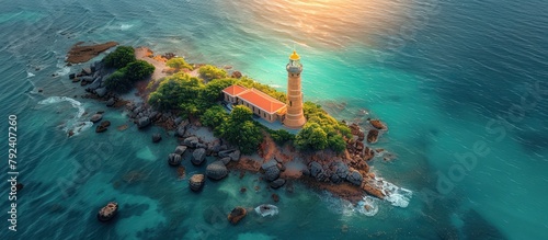 aerial view of the Lighthouse on a stretch of seaside Island photo
