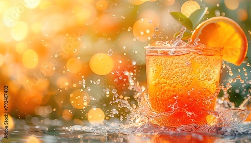Close up of a glass with fresh orange juice and a slice of orange as garnish
