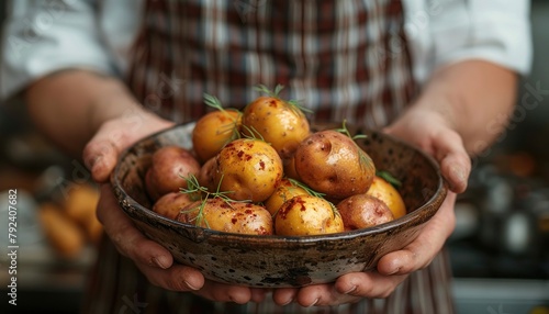 Holding a bowl of natural produce potatoes, a key ingredient in many recipes