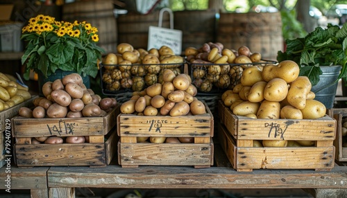 Variety of potatoes in crates, a staple food and ingredient in mass production