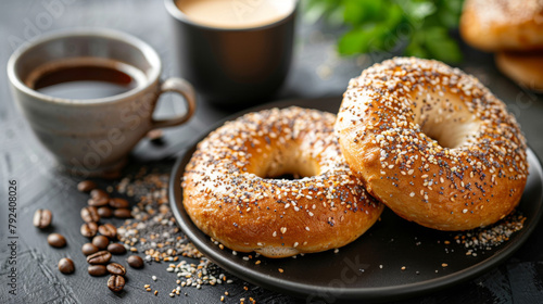 Delicious breakfast bagel on dark plate next to a cup of fresh coffee. On bistro countertop. 