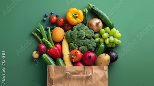 a brown paper bag overflowing with a variety of fresh fruits and vegetables. 