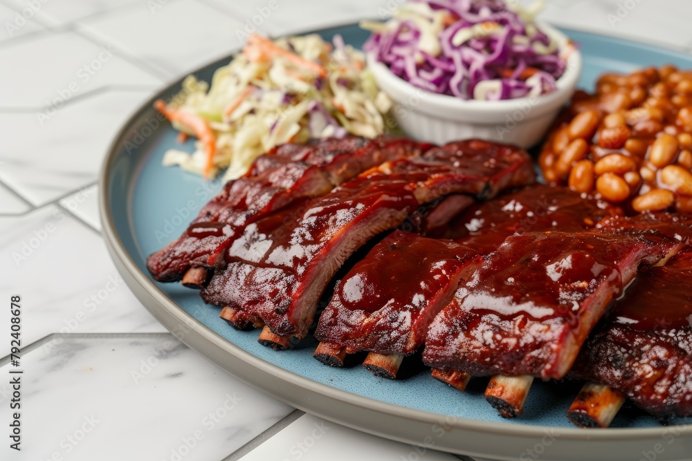 Smoke port BBQ ribs with sides on a table with tile background