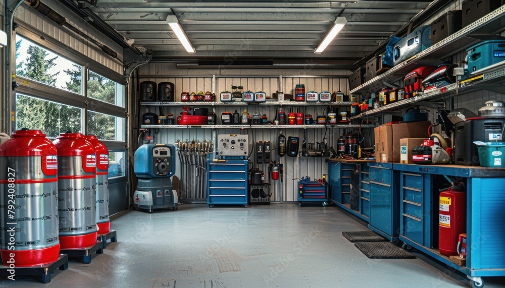 Building filled with tools, fire extinguishers, and gas fixtures