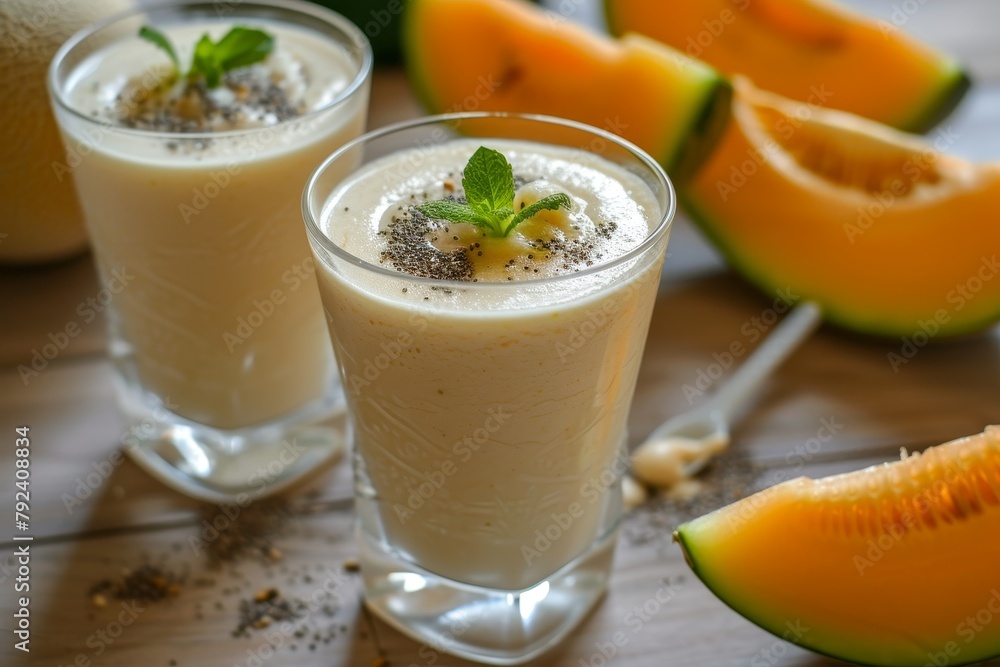 Smoothie made from melon and milk served in a glass Smoothie made from melon and milk served in a glass