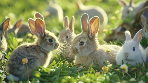  a charming Easter bunny petting zoo, where children delight in interacting with fluffy rabbits of all sizes and colors against a backdrop of lush green meadows.