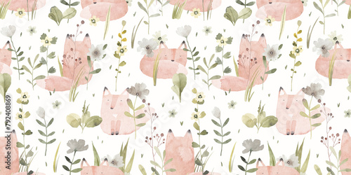 Cute foxes in the meadow with flowers. Watercolor seamless pattern. Creative childish background for fabric, textile, nursery wallpaper. Hand drawn illustration. Spring.