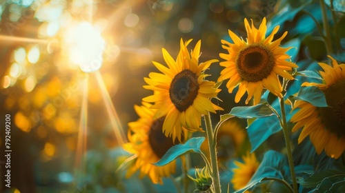 Close-up of vibrant sunflowers reaching towards the sky as the sun casts its warm rays