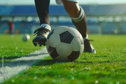 Soccer striker prepares to kick ball at stadium