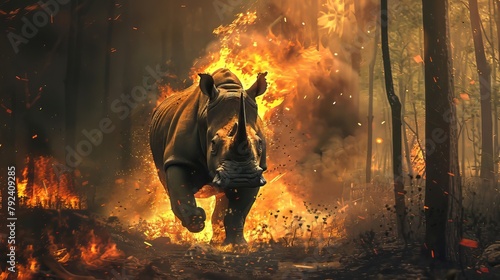 rhino running from fire forest
