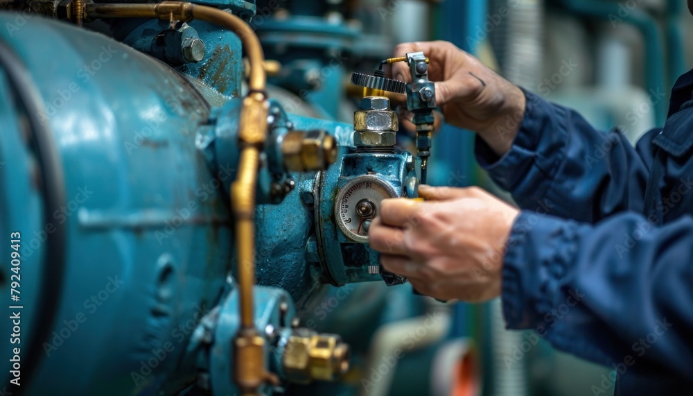 An engineer is working on an electric blue machine in a factory An engineer is working on an electric blue machine in a factory