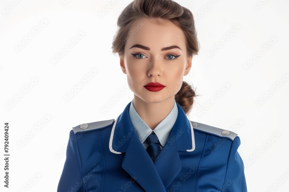 Stewardess wearing blue uniform holding on white background Stewardess wearing blue uniform holding on white background